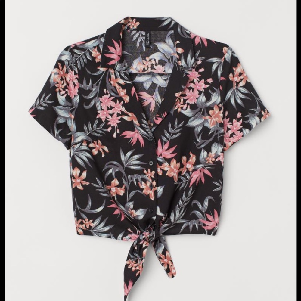 Hawaiian floral top button up cropped tie up